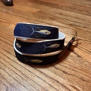 Leather Man Ltd Nautical Fish Belt Top Grain Leather Canvas Essex CT USA  42"